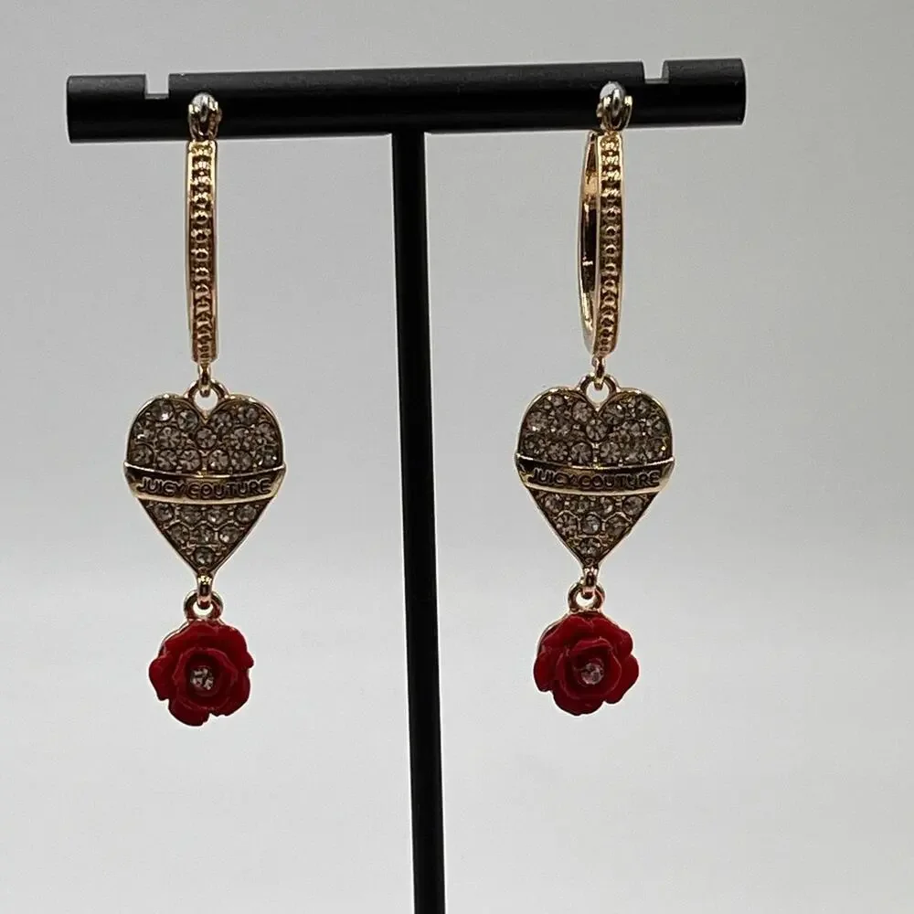 Juicy Couture Gold Hoop‎ Earrings Crystal Pave Heart Red Rose Charm